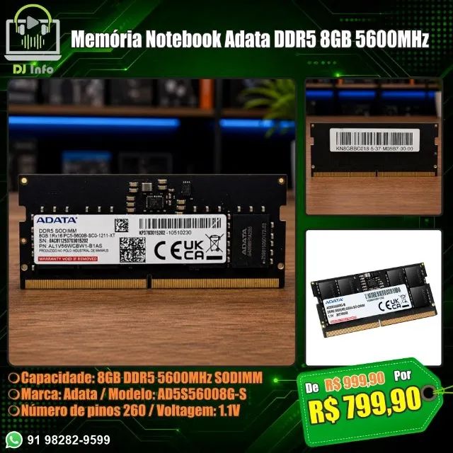 Memória Notebook Adata DDR5 8GB 5600MHz