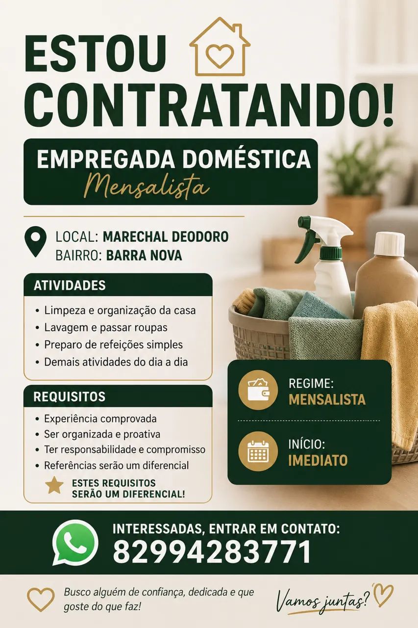 Vaga de empregada doméstica Marechal Deodoro/Barra nova.