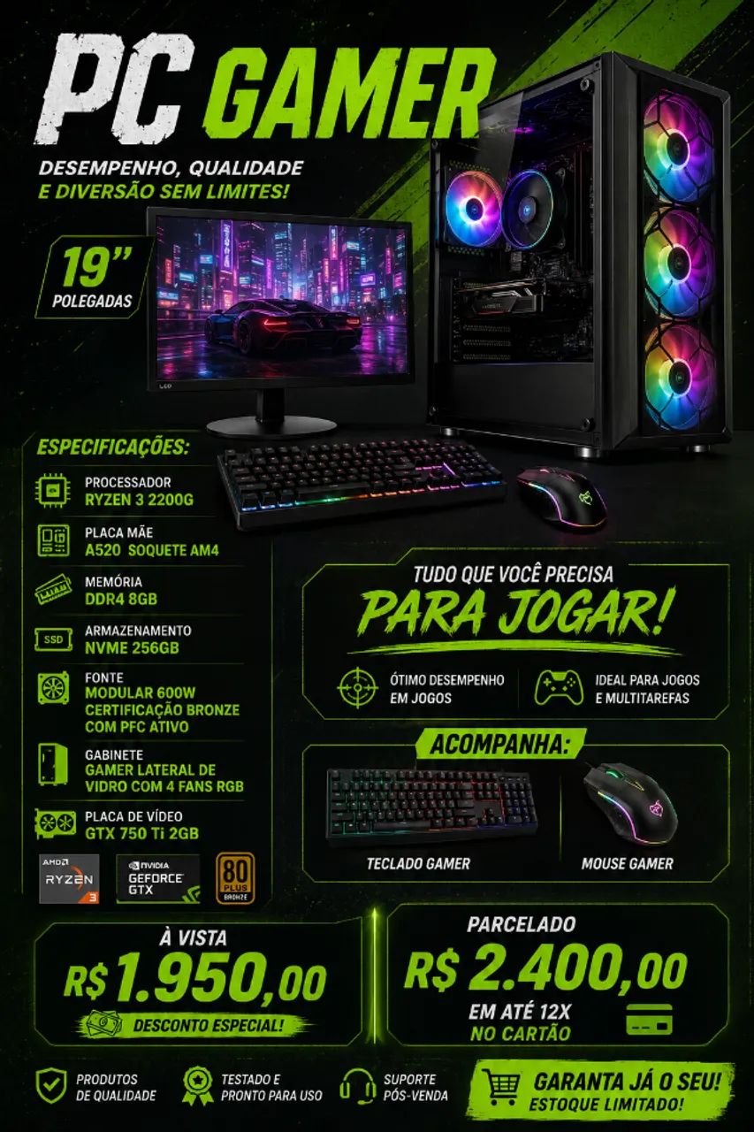 PC Gamer Ryzen Novo com NVME 256GB- monitor usado de 19 pol+teclado e mouse