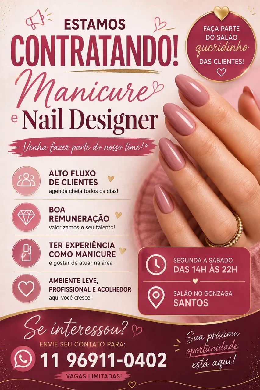 Vagas para Manicure e Nail designer 
