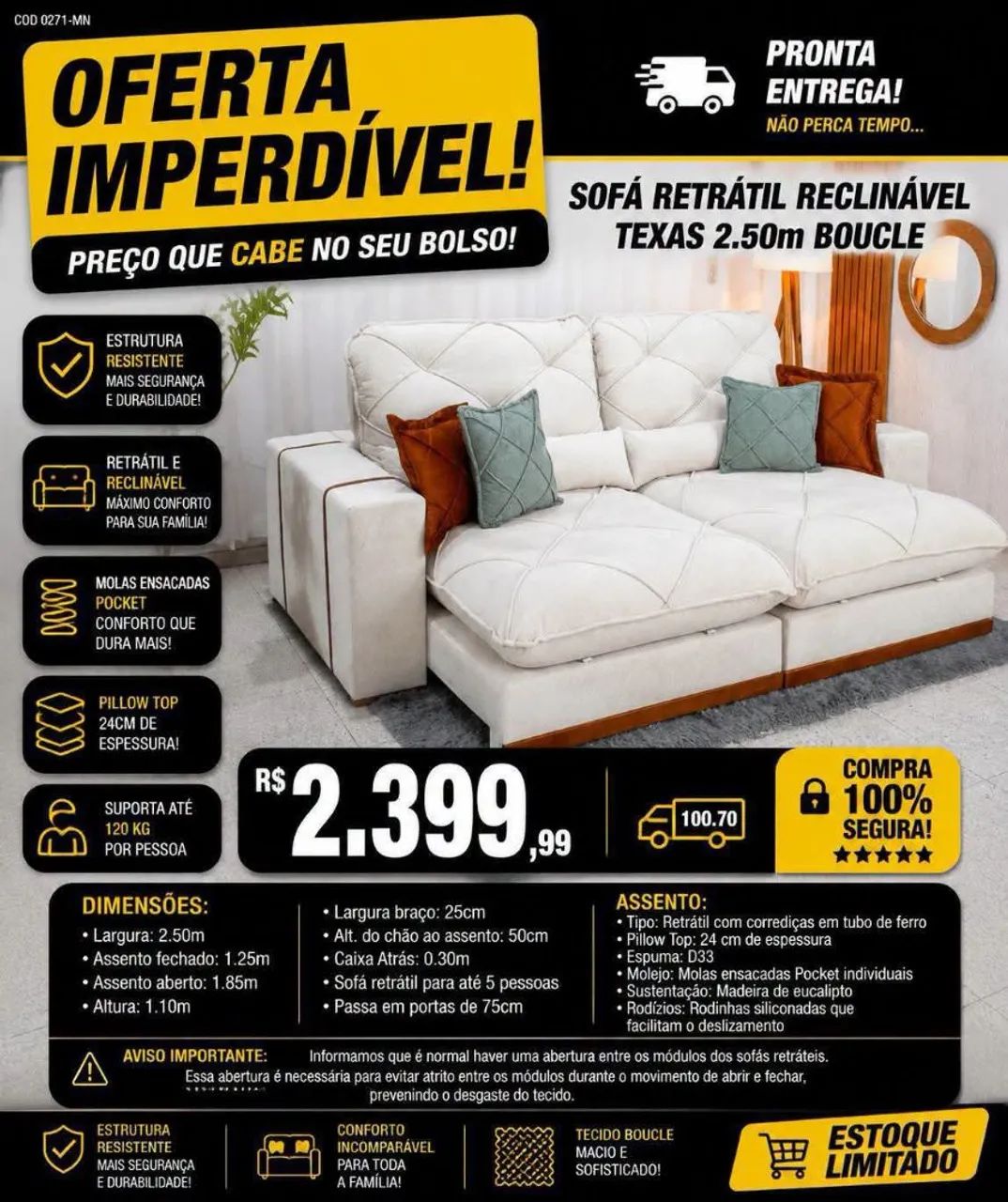 Sofá Retrátil e Reclinável Texas  2,50