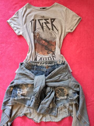 Conjunto camiseta + short + camisa jeans