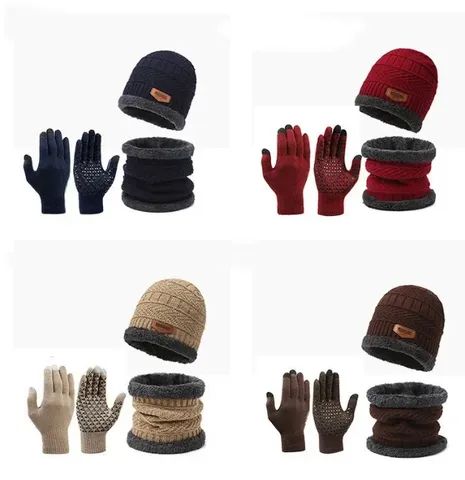 Kit 3 peças para o inverno unissex, chapéu de malha, cachecol, e luvas, ideal para o frio. - Foto 2