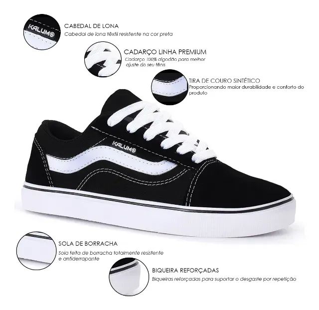 Tênis Feminino Masculino Preto Branco Skatista School Kalum - Foto 5