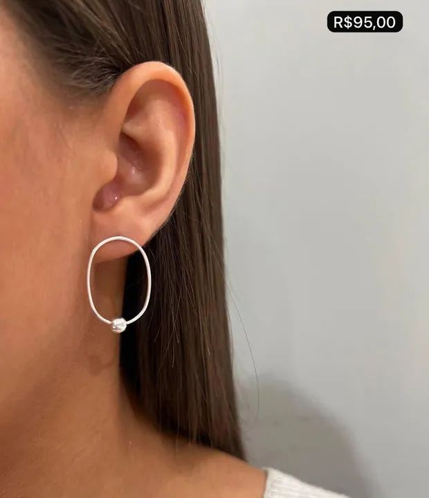 Brincos Argola oval com Bolinha - Prata 925