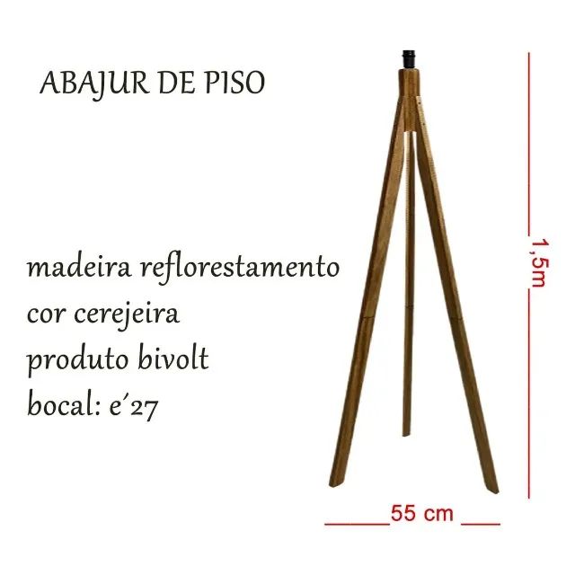 Luminaria abajur de piso chão 1,40m de pé tripe madeira moderna - Foto 3