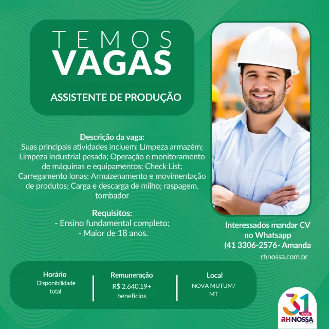 Assistente de produção- Nova Mutum
