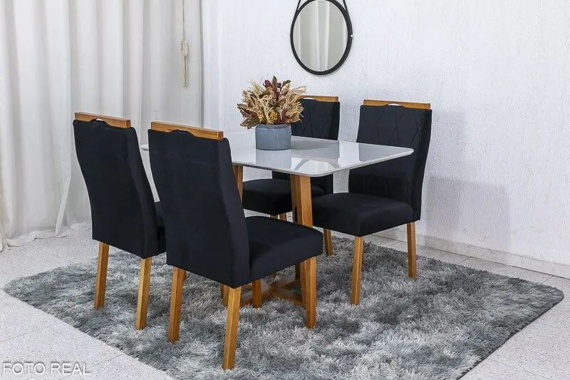  Mesa de Jantar 120x80 Vidro Off 4 Cadeiras Veludo Preto Madeira Maciça - Foto 2