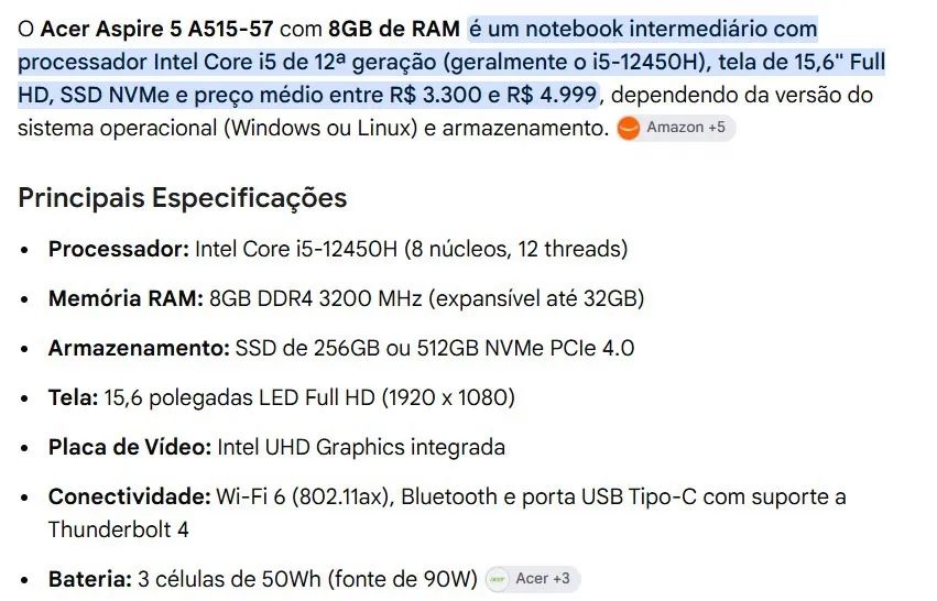 Notebook Aspire A515-57