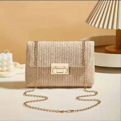Bolsa Feminina de Ombro de Palha Tecida Bege