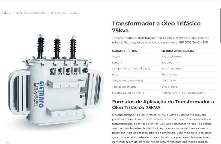 Transformador Trifásico 75KVA a Óleo - Novo - Ainda se encontra na fábrica em SP