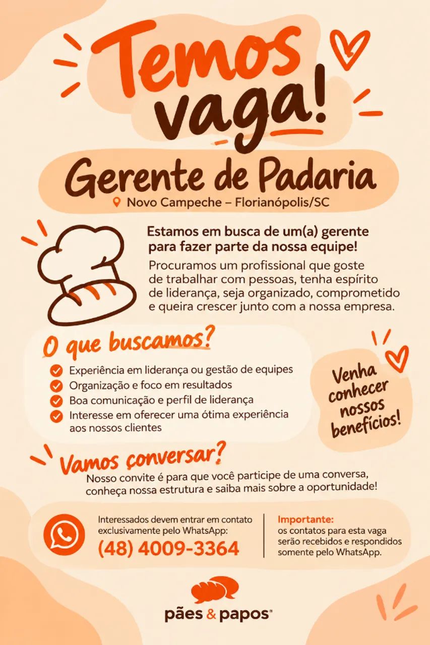 VAGA DE EMPREGO - GERENTE DE PADARIA