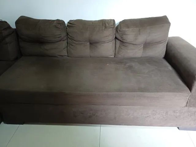 Sofá de Canto com Chaise Marrom em Suede, 3 Lugares - Foto 3