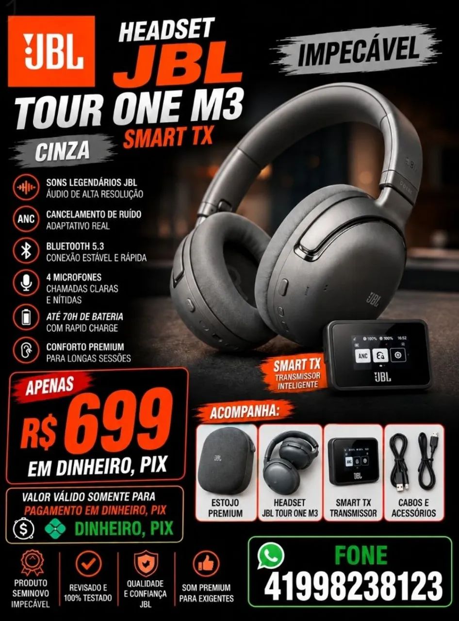 HEADSET JBL TOUR ONE M3 SMART TX CINZA, IMPECÁVEL - Fones de