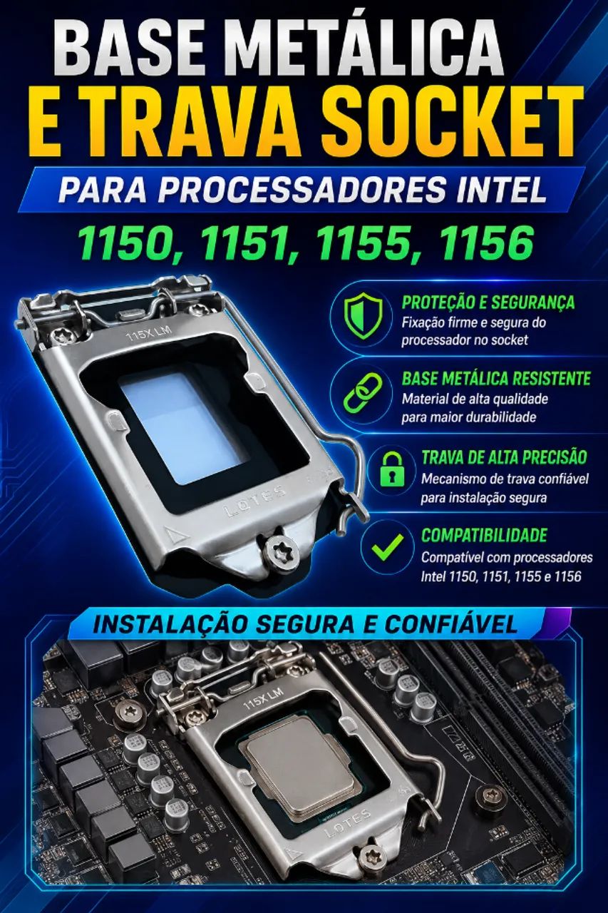 Base Metálica E Trava Socket Para Processadores Intel 1150, 1151, 1155, 1156