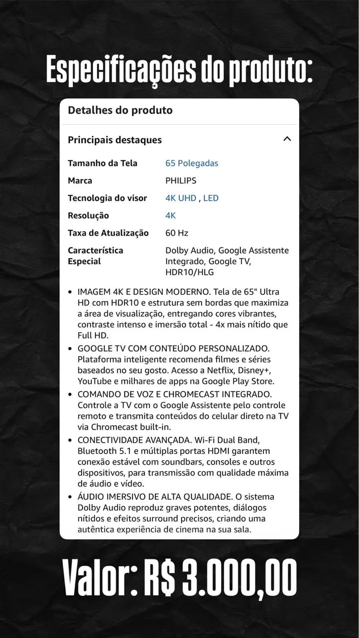 Smart TV 65 4K Philips - NOVA NA CAIXA - Foto 3