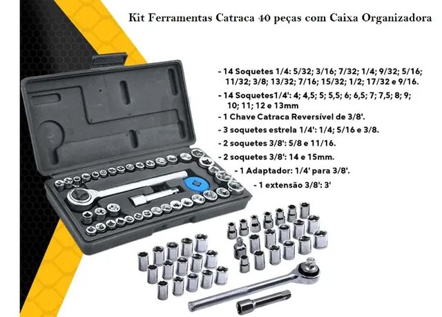 Jogo Conjunto De Ferramentas Chave Catraca Reversível Kit Com Soquetes 40  Peças Combinadas Sextavados Com Maleta Chaves De Boca Parta Reparo Conserto  De Carros E Motos LINHA PREMIUM DUPIN