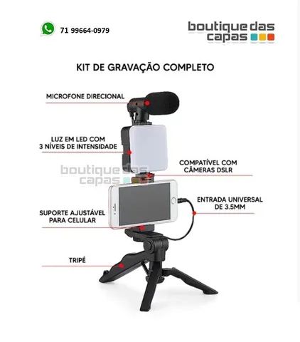 Kit de gravação 4 em 1 microfone led suporte celular câmera e  tripe - Foto 2