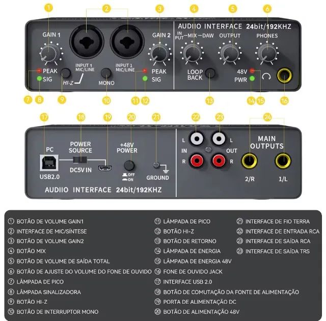 Placa AUDIo Oficial Áudio Interface Gravação Mic Condenser Phanton power Q-24 - Foto 4