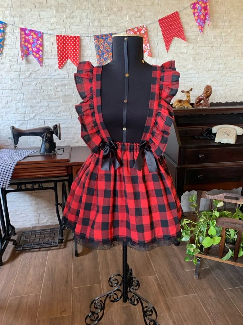 Saia Xadrez Vermelha Saia Junina Preta Jardineira Saia Festa
