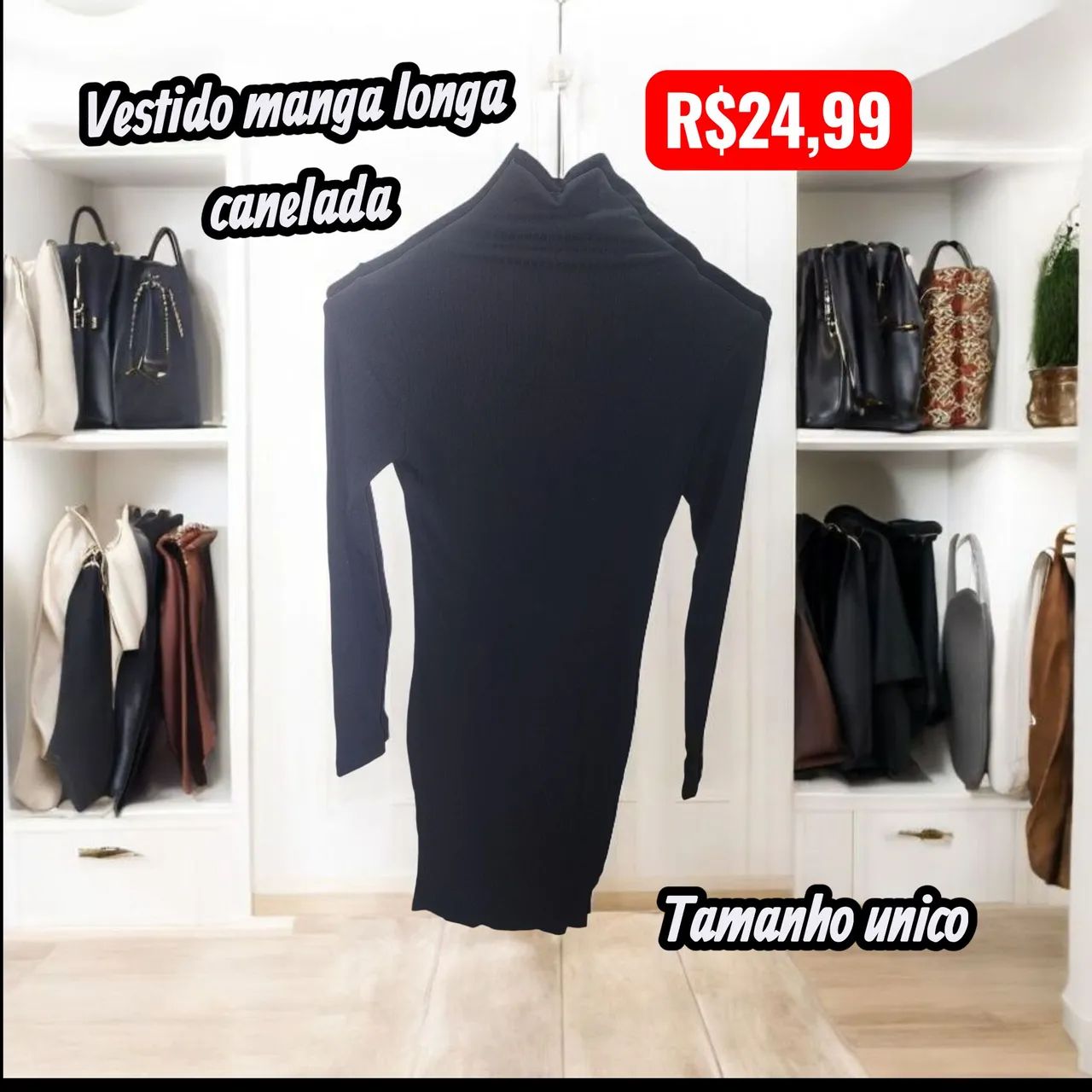 Vestido manga longa canelado preto - Foto 3