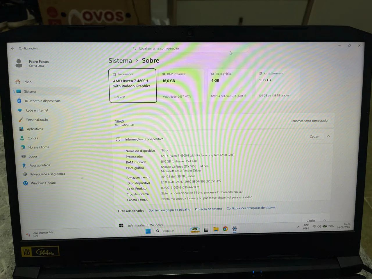 Notebook Acer Nitro 5 com Ryzen 7 4800u e 1650 TI 4gb - Foto 3
