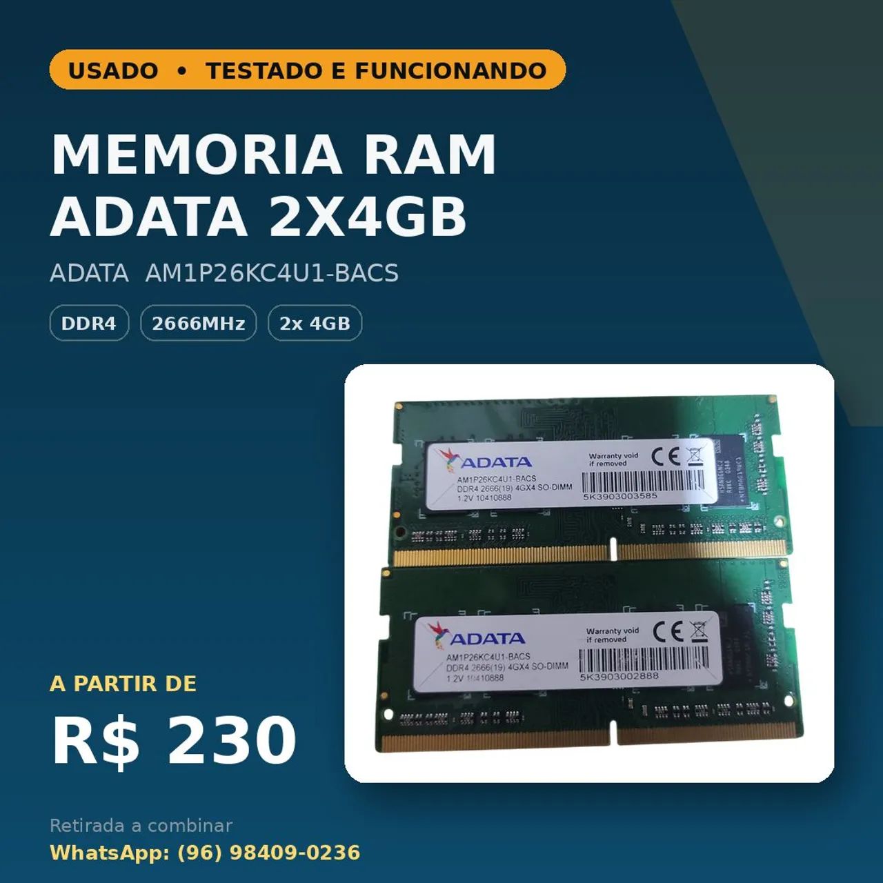 Kit Memória RAM 8GB (2x4GB) DDR4 2666MHz Notebook ADATA SO-DIMM
