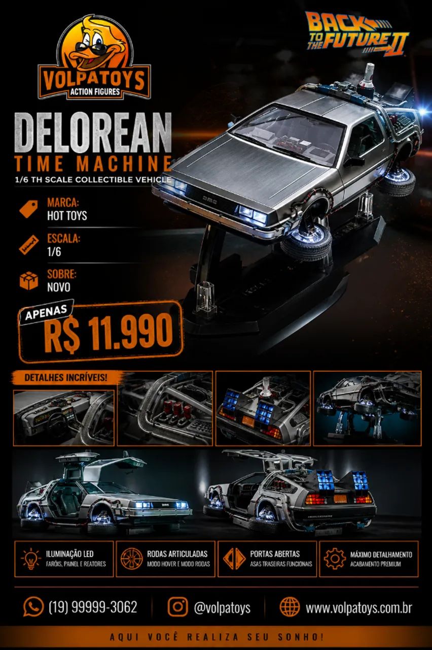 DELOREAN HOT TOYS MAQUINA DO TEMPO GIGANTE 1/6 DR BROWN MARTY