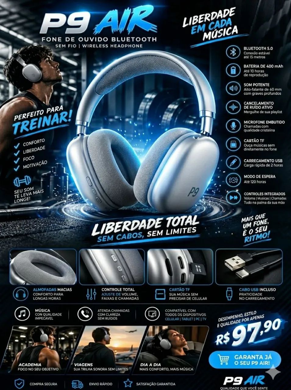 Fone P9 Air Original Bluetooth - Novo - Foto 5