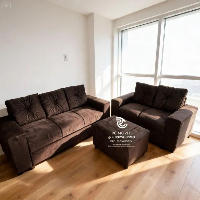 Conjunto Sofá 2 e 3 Lugares Puff Suede Bege D33 Aconchegante - Foto 2