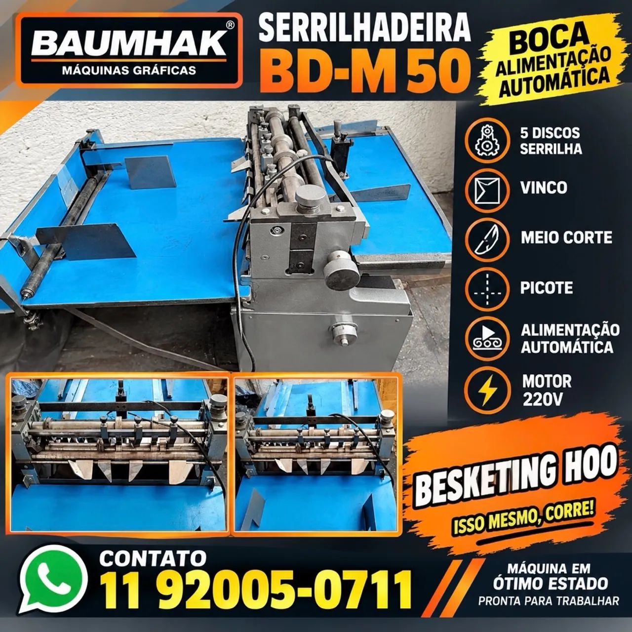 Serrilhadeira baumhak bm-50 serrilha vinca e meio corte 