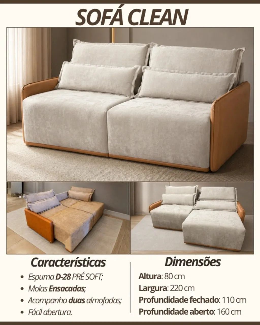 Sofá clean 2,20m retrátil e reclinavel, espuma d-28 pre soft 