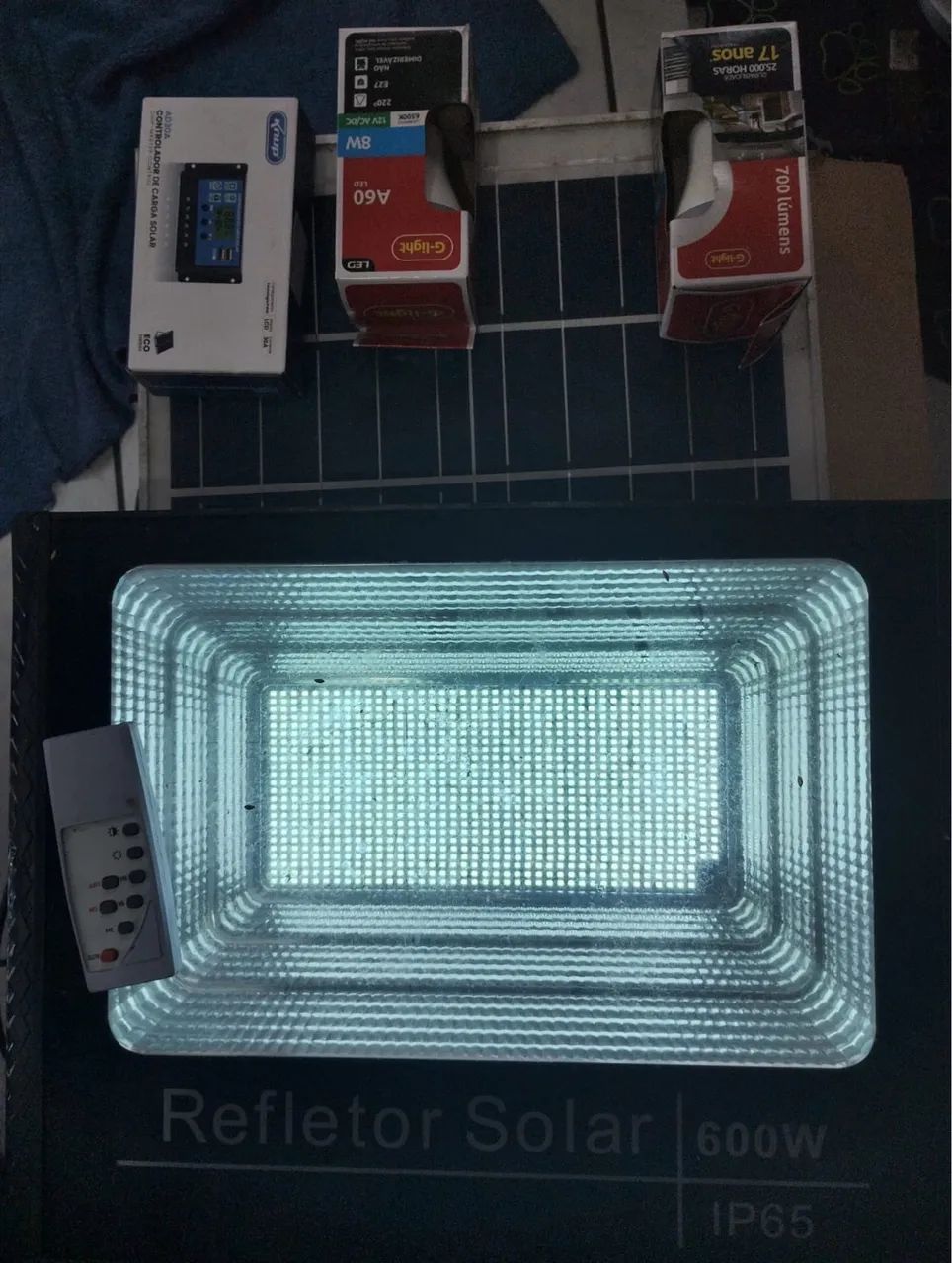Refletor luminária led 600w e placa solar luz branco