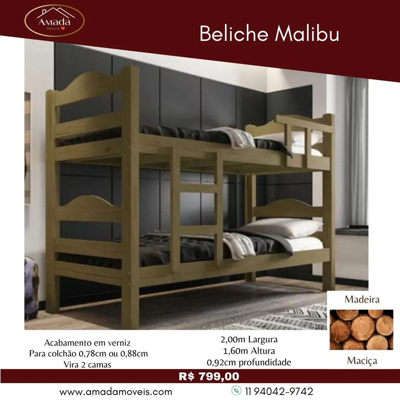 Beliche Malibu madeira maciça com 2 colchões - Foto 5