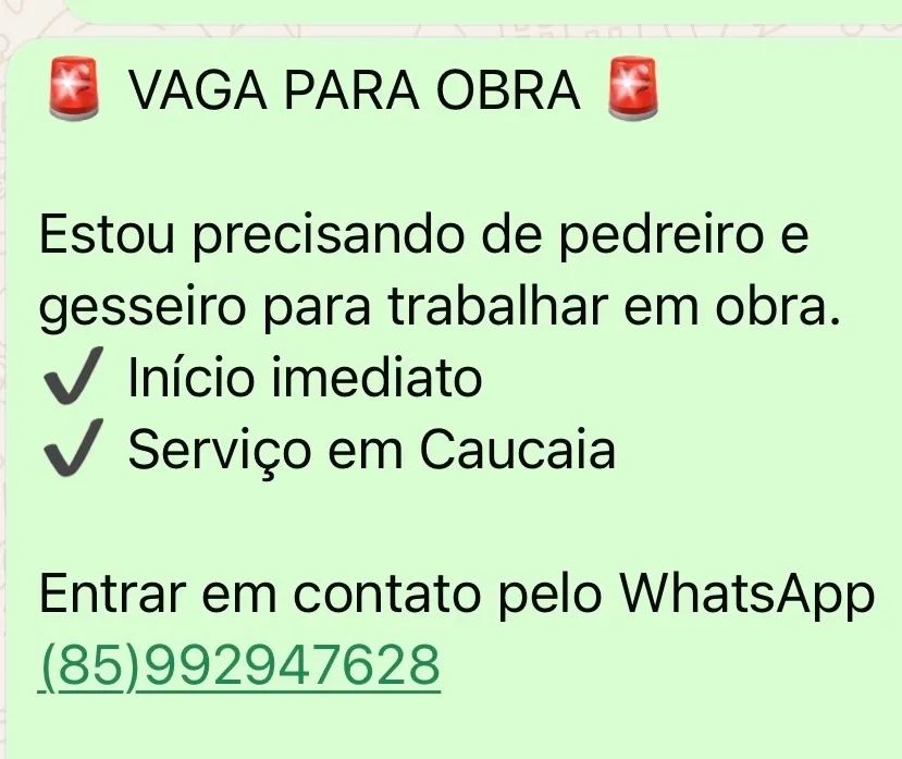 VAGA DE PEDREIRO PARA OBRA