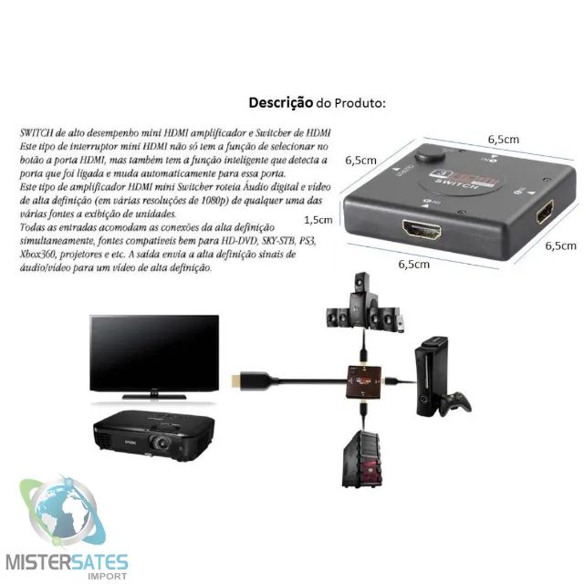 Chave Seletora Switch Hub Hdmi 3 Entradas 1 Saída - COD 485 - Foto 3