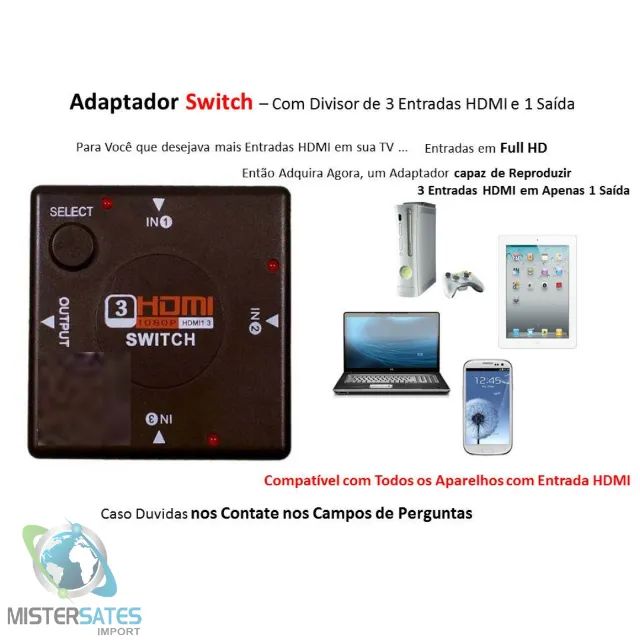 Chave Seletora Switch Hub Hdmi 3 Entradas 1 Saída - COD 485