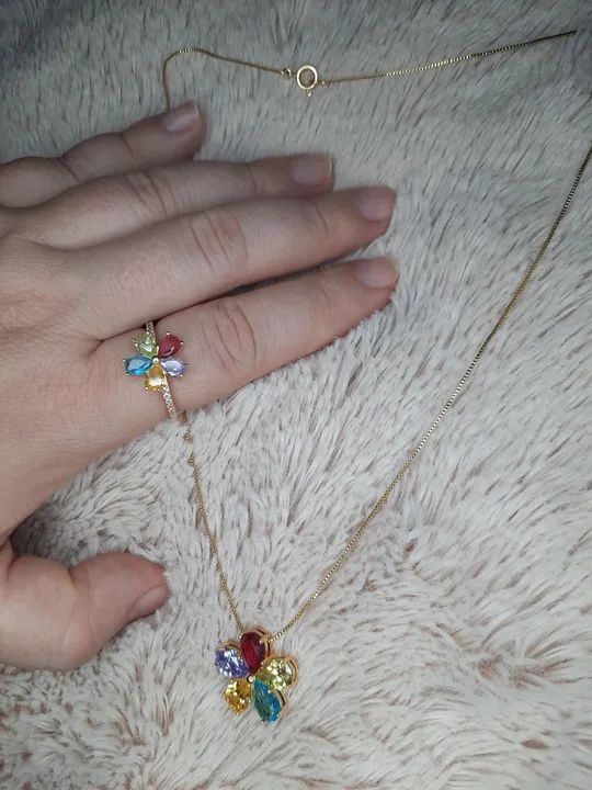 Gargantilha e Anel com Pedras Coloridas - Foto 3