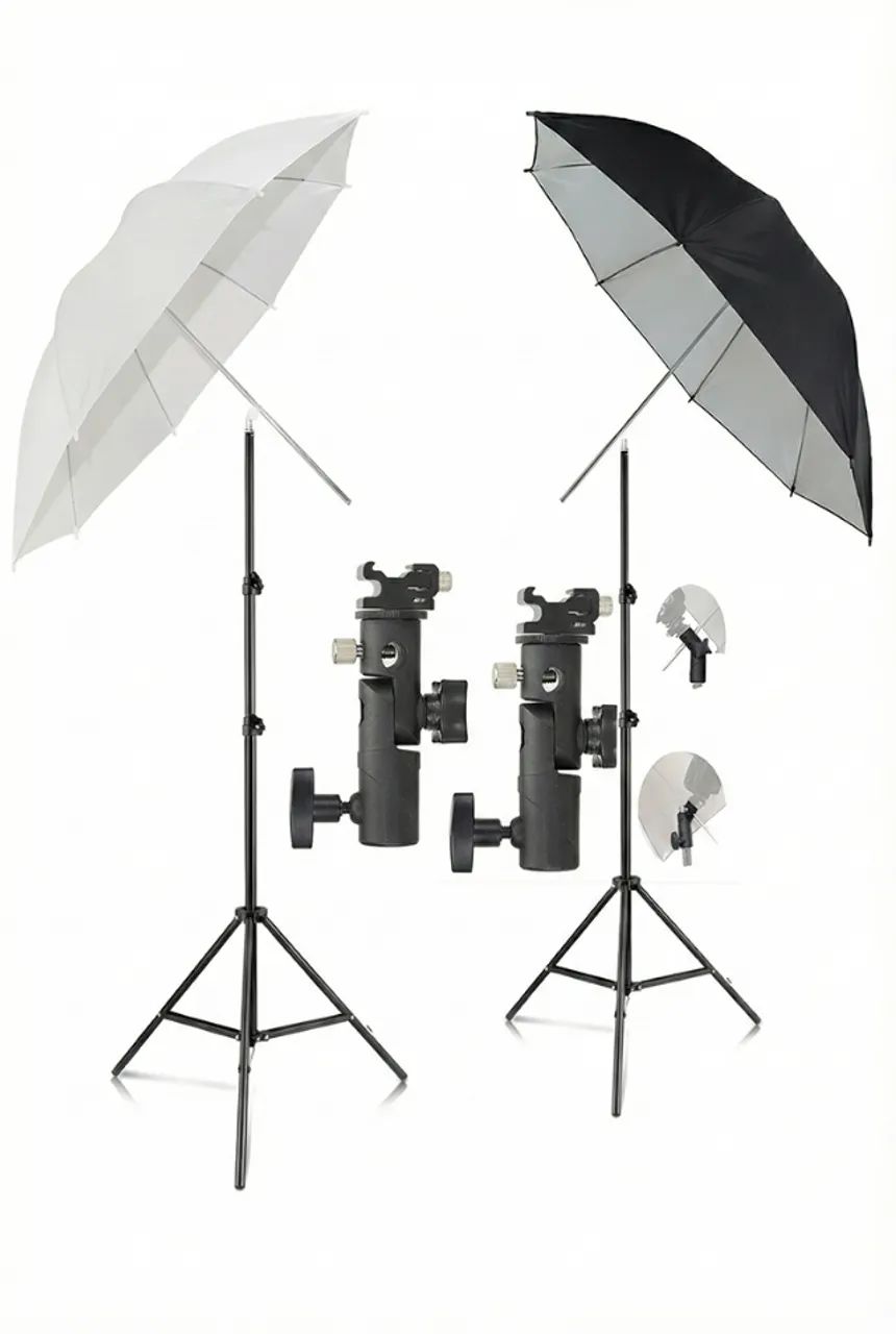 Kit Iluminação Fotográfica Completo = 2 Tripés + 2 Sombrinhas + 2 Suportes