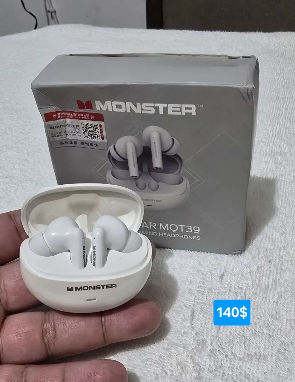 Fone de ouvido Bluetooth da Monster Maxstar MQT39 branco original 