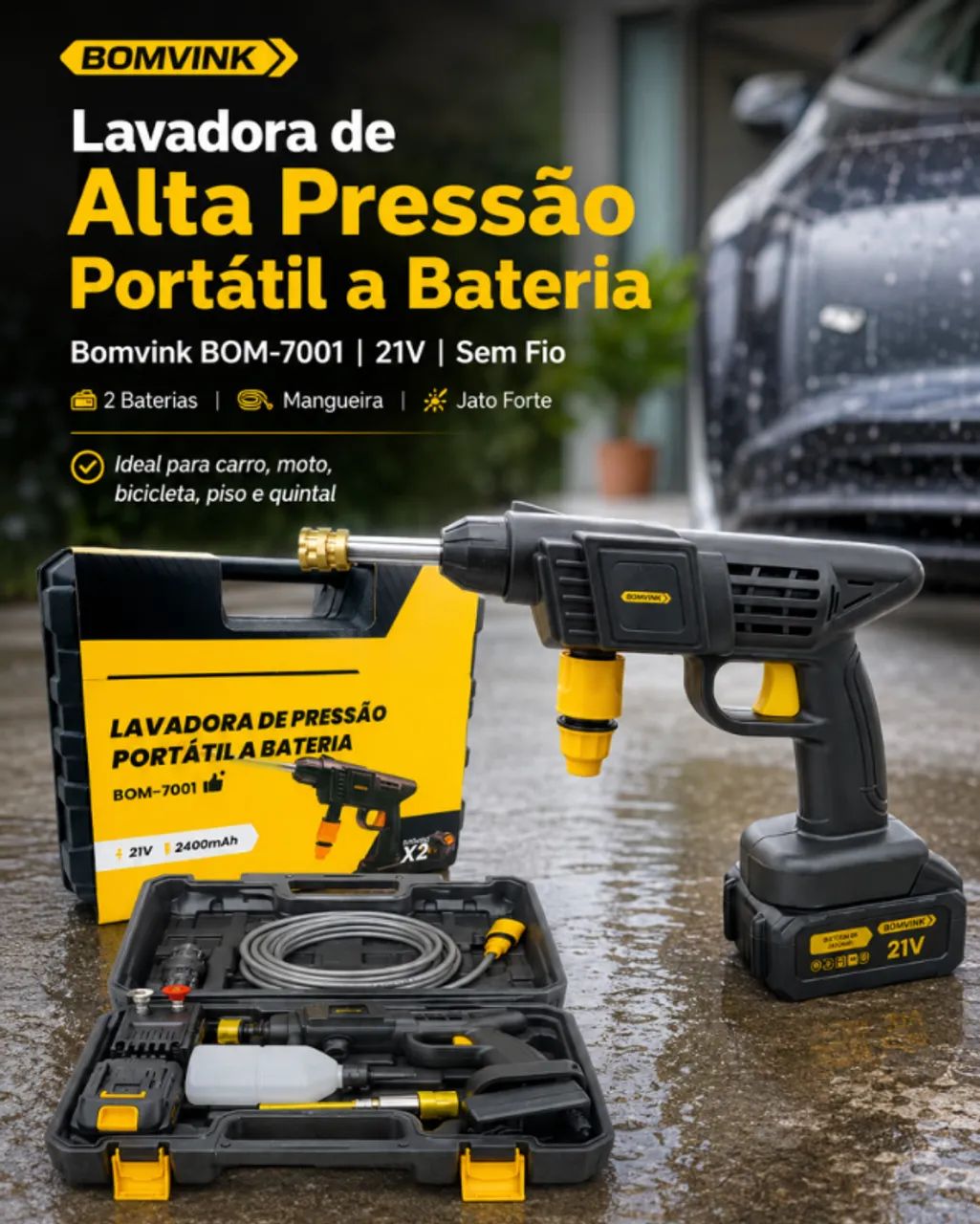 Lavadora Pressão Portátil 21V Sem Fio para Carro Bomvink BOM-7001