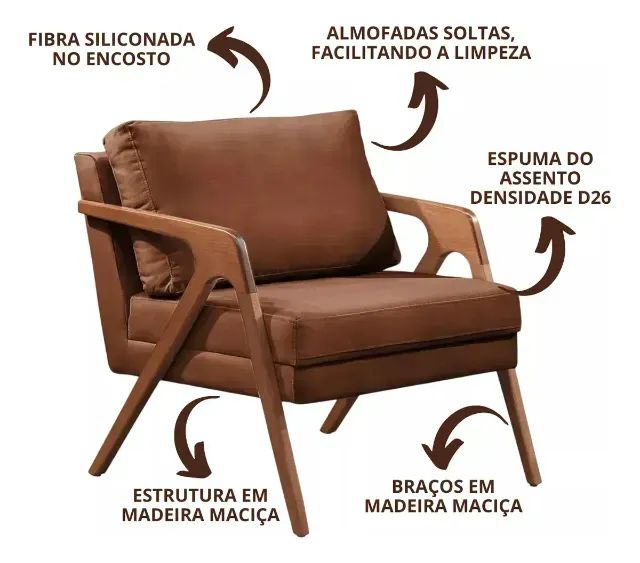 Poltrona Decorativa Mona Madeira Maciça Courino Caramelo - Foto 4