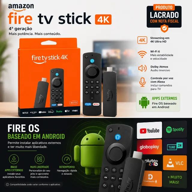 Fire TV Stick 4K Fire OS Android Amazon 8GB WIFI 6 Lacrado - Foto 2