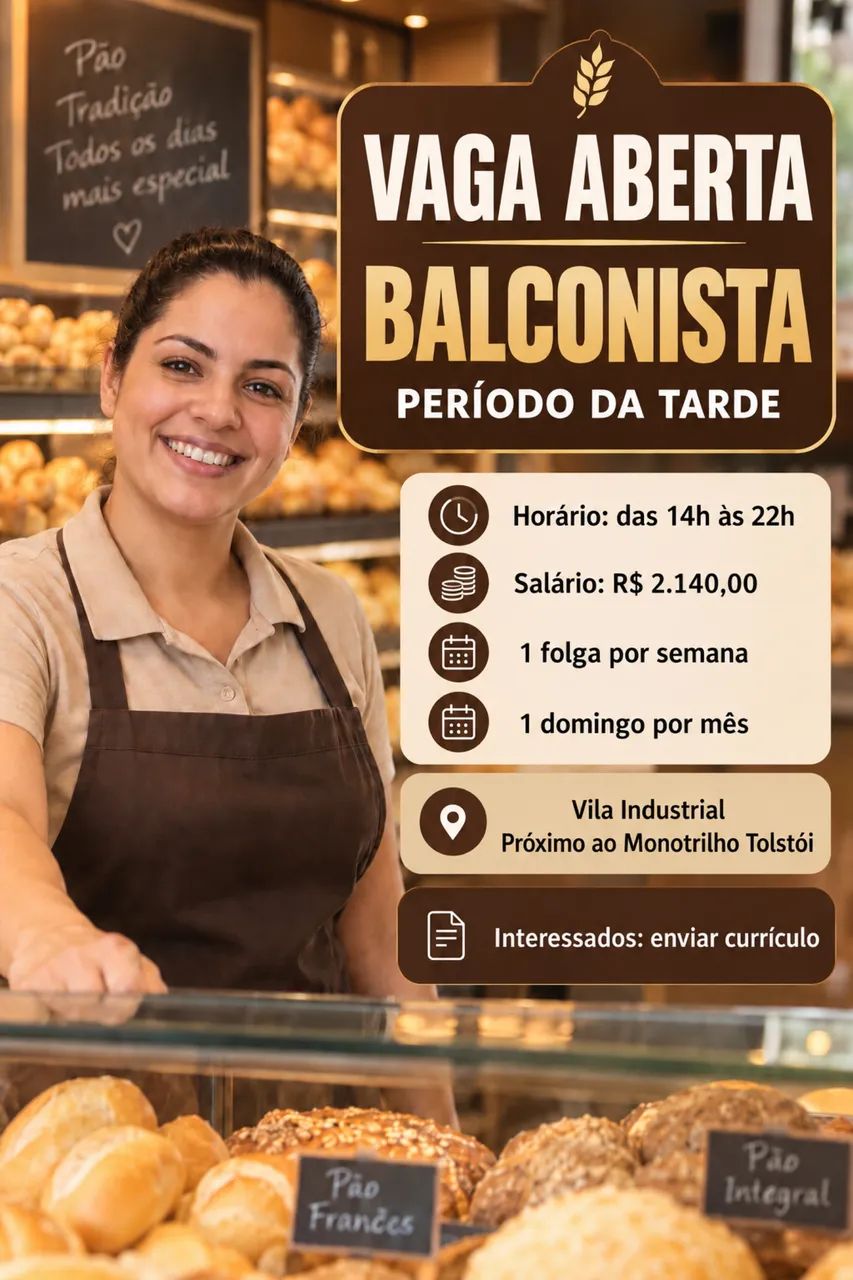 VAGA PARA BALCONISTA DE PADARIA 