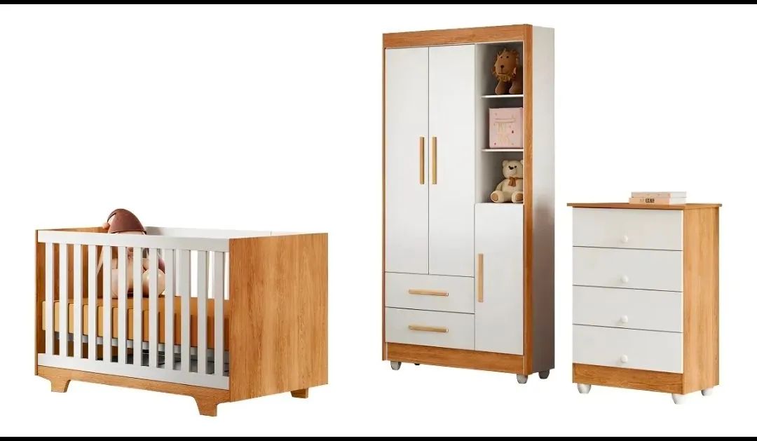 Quarto De Bebê Completo 100% Mdf Com Cômoda Berço e Guarda Roupas