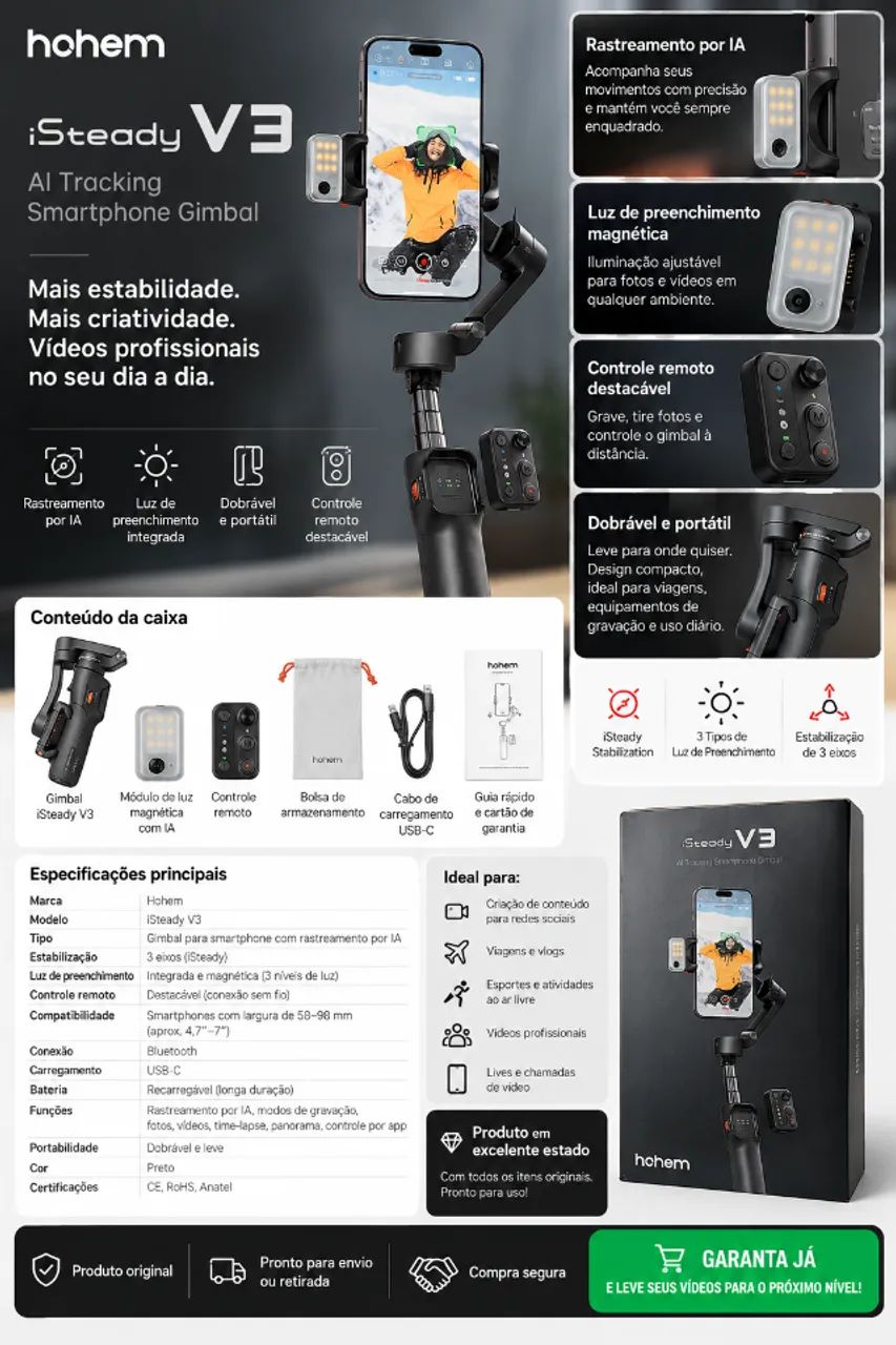 Hohem iSteady V3 - Gimbal para Smartphone com IA