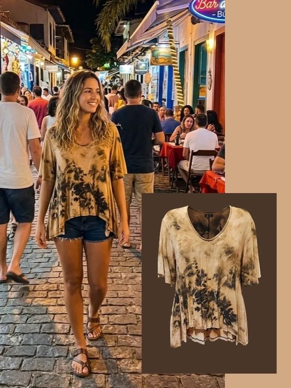 BLUSA MALHA ALGODÃO ELASTANO TIE DYE TONS DE MARROM
