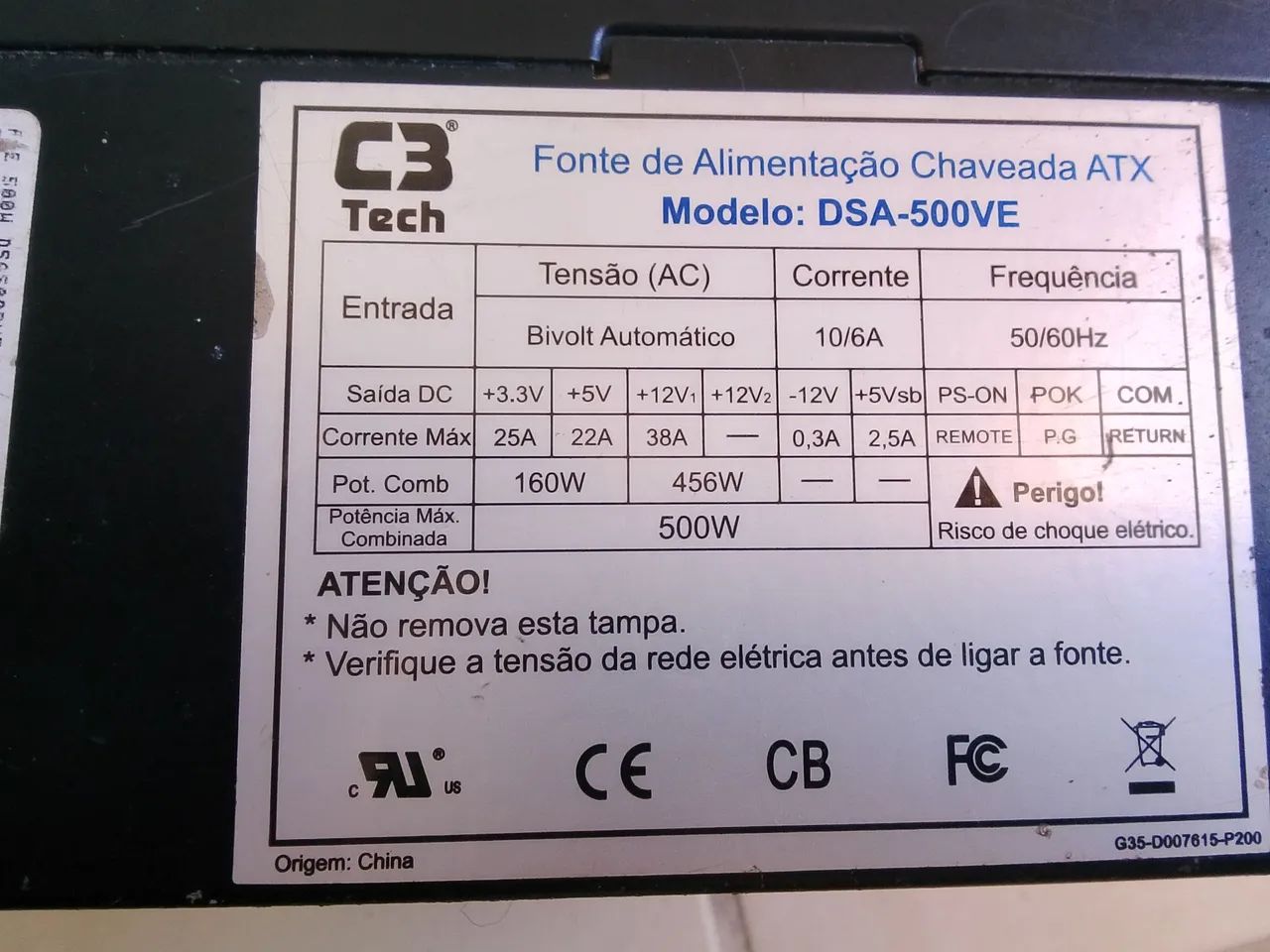 Fonte PC C3 Tech 500W DSA-500VE