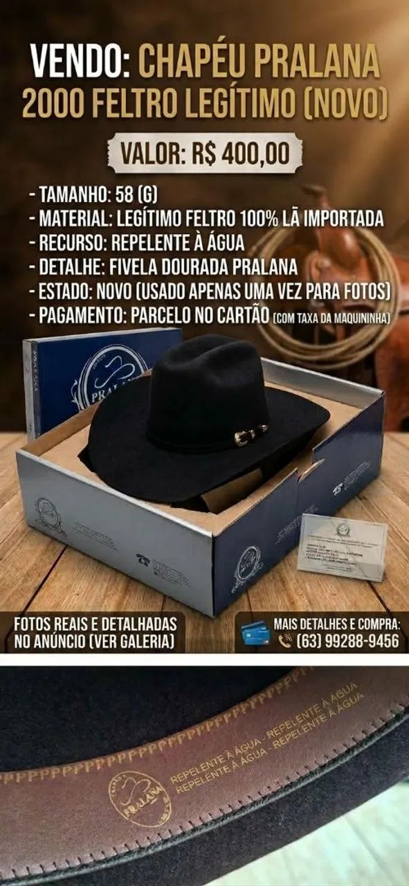CHAPÉU PRALANA 2000 FELTRO LEGÍTIMO (NOVO) - Foto 3