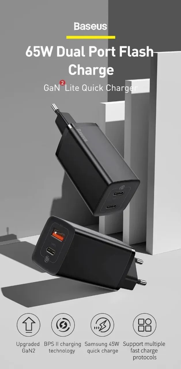 Carregador Rápido Baseus Gan 2 Lite Type-c + Usb 65w - Foto 5